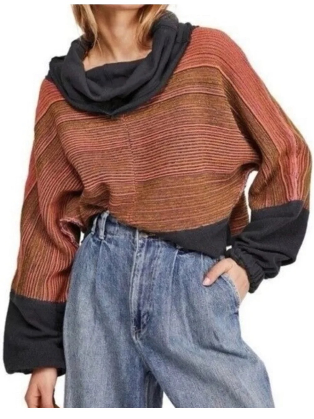 Free People Alpaca and Wool Blend Oversized Striped Cowl-Neck Sweater